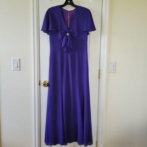 Vintage 70s Purple Maxi Dress Union Made Flutter Sleeve Rhinestone Brooch 8 USA